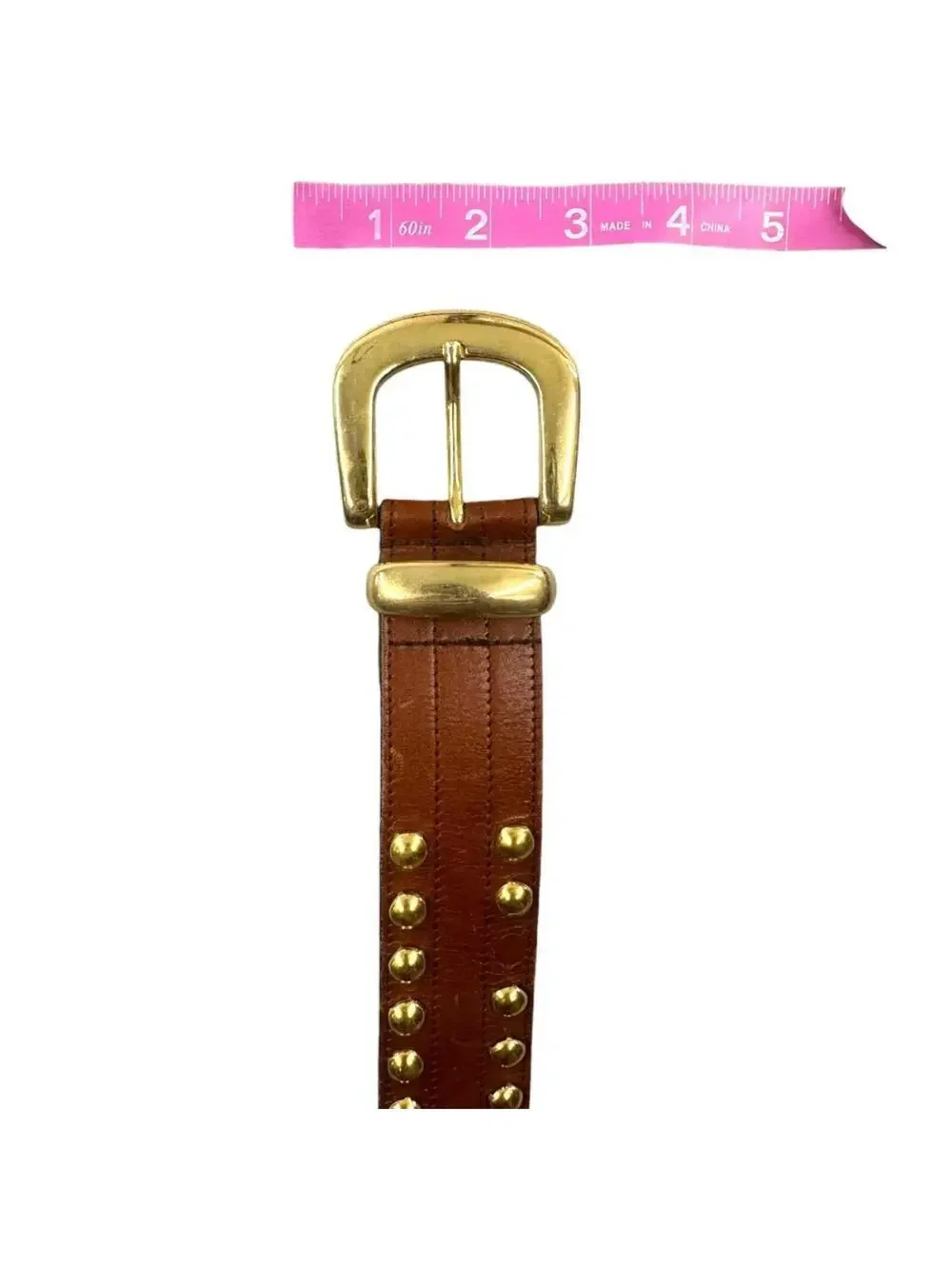 Vintage Inspired Brown Faux Leather Studded Belt with Gold Buckle